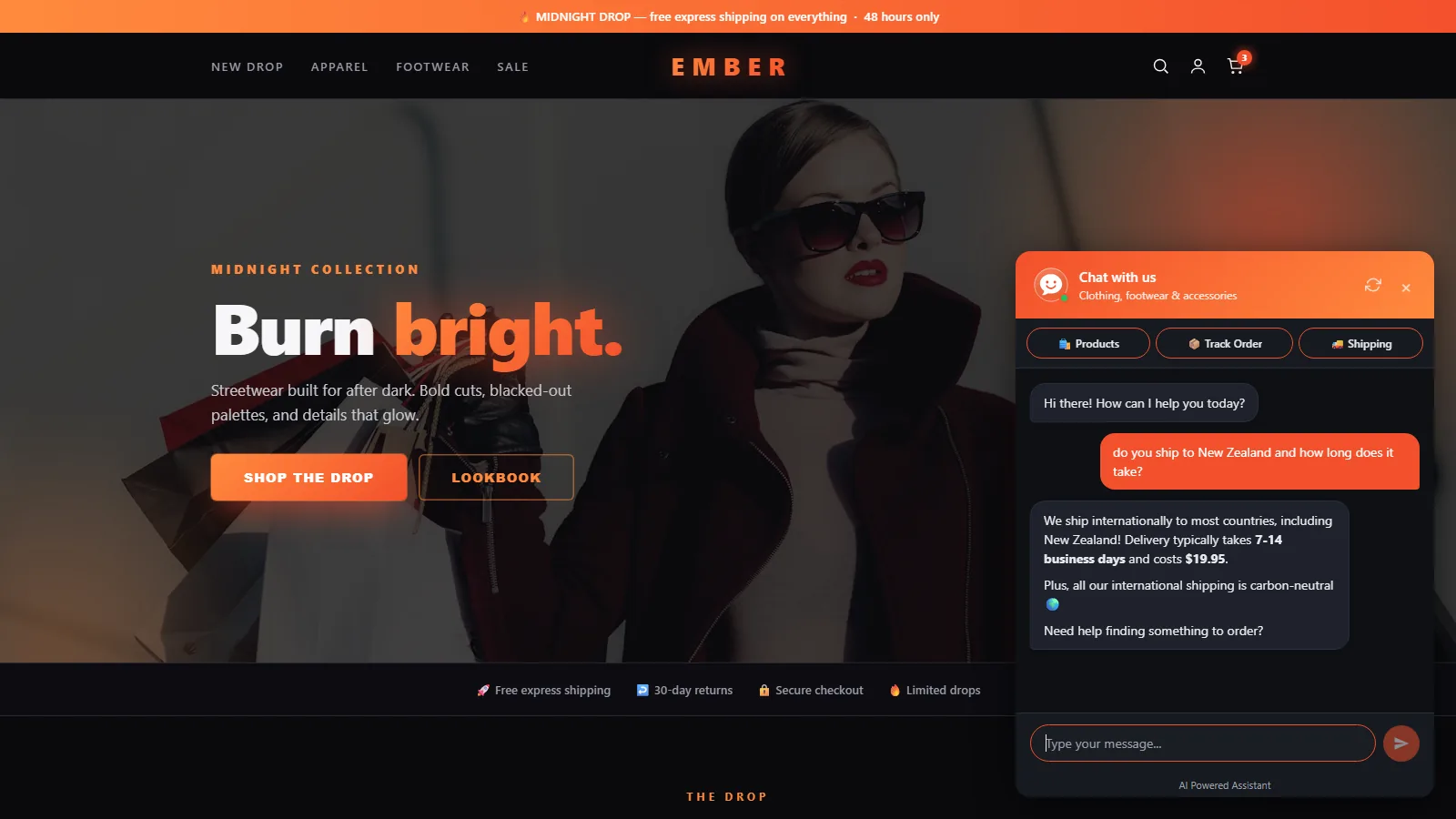 A dark streetwear storefront with the chat panel open in the corner, answering a shipping question.