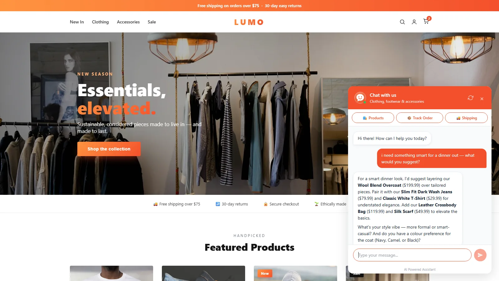 A light clothing storefront with the chat panel open, recommending an outfit; the panel is white to match the store.