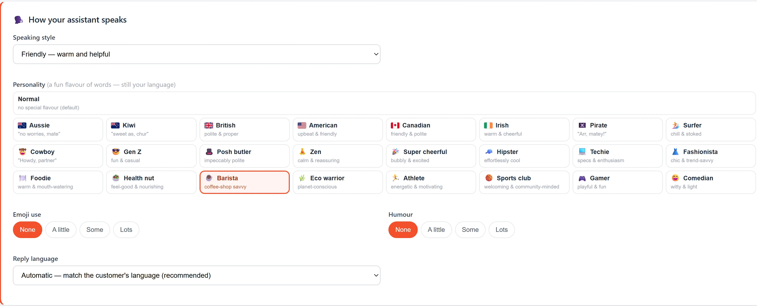 The How your assistant speaks panel: a grid of twenty-four personality tiles, each with a flag or icon, a name and an example phrase, plus segmented controls for emoji use and humour.