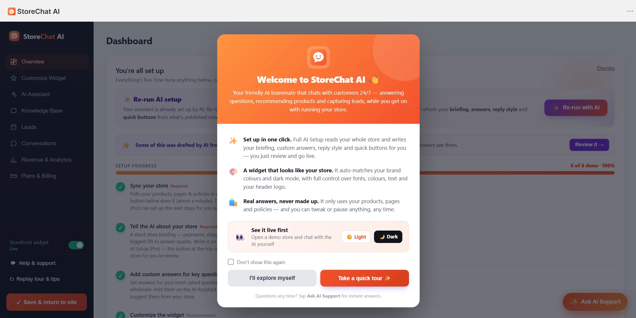 The StoreChat AI welcome screen inside the Shopify admin: set up in one click, a widget that matches your store&rsquo;s colours, real answers never made up, and buttons to open a light or dark demo store.
