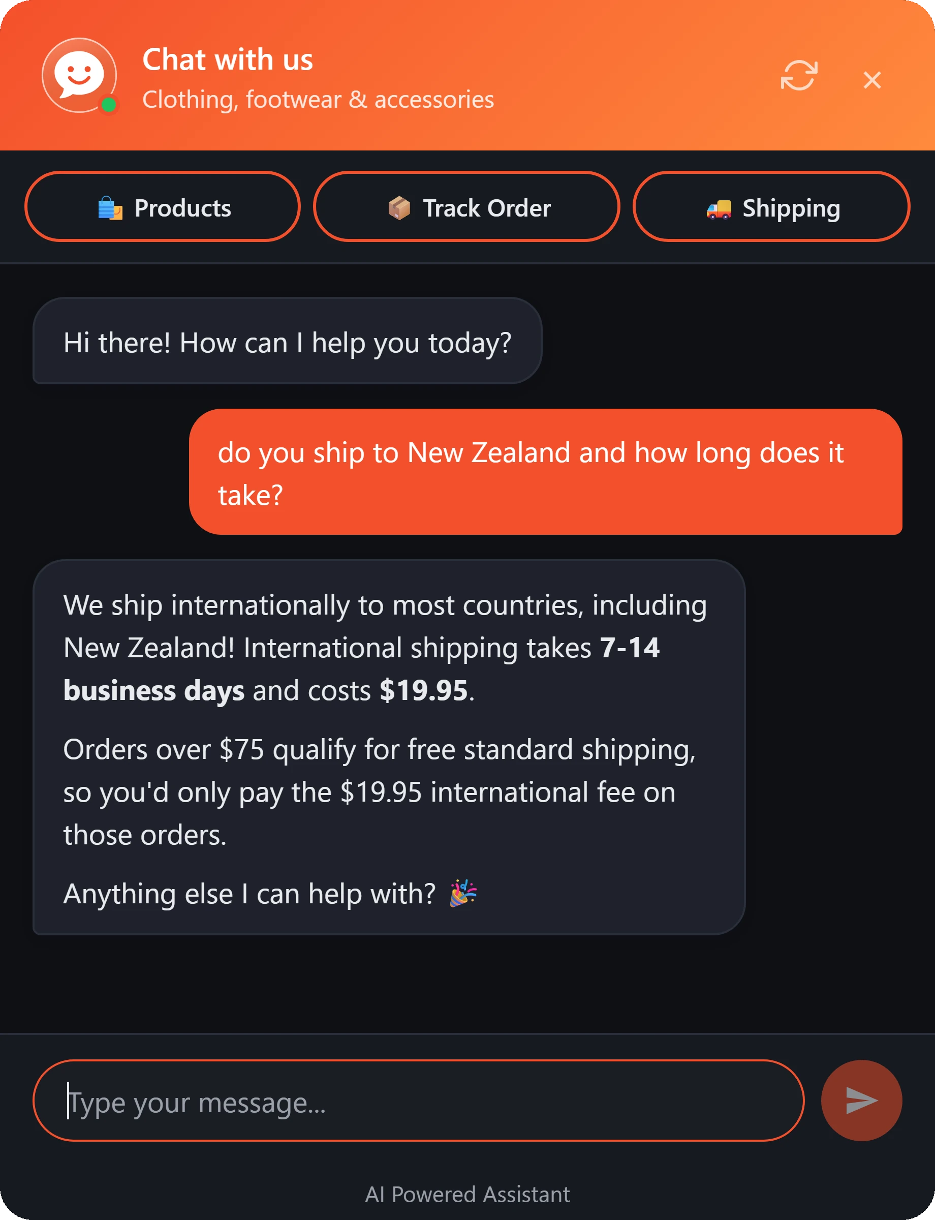 Close-up of the chat panel: a customer asks whether the store ships to New Zealand; the assistant answers with a 7 to 14 business day window, a $19.95 cost and carbon-neutral delivery.