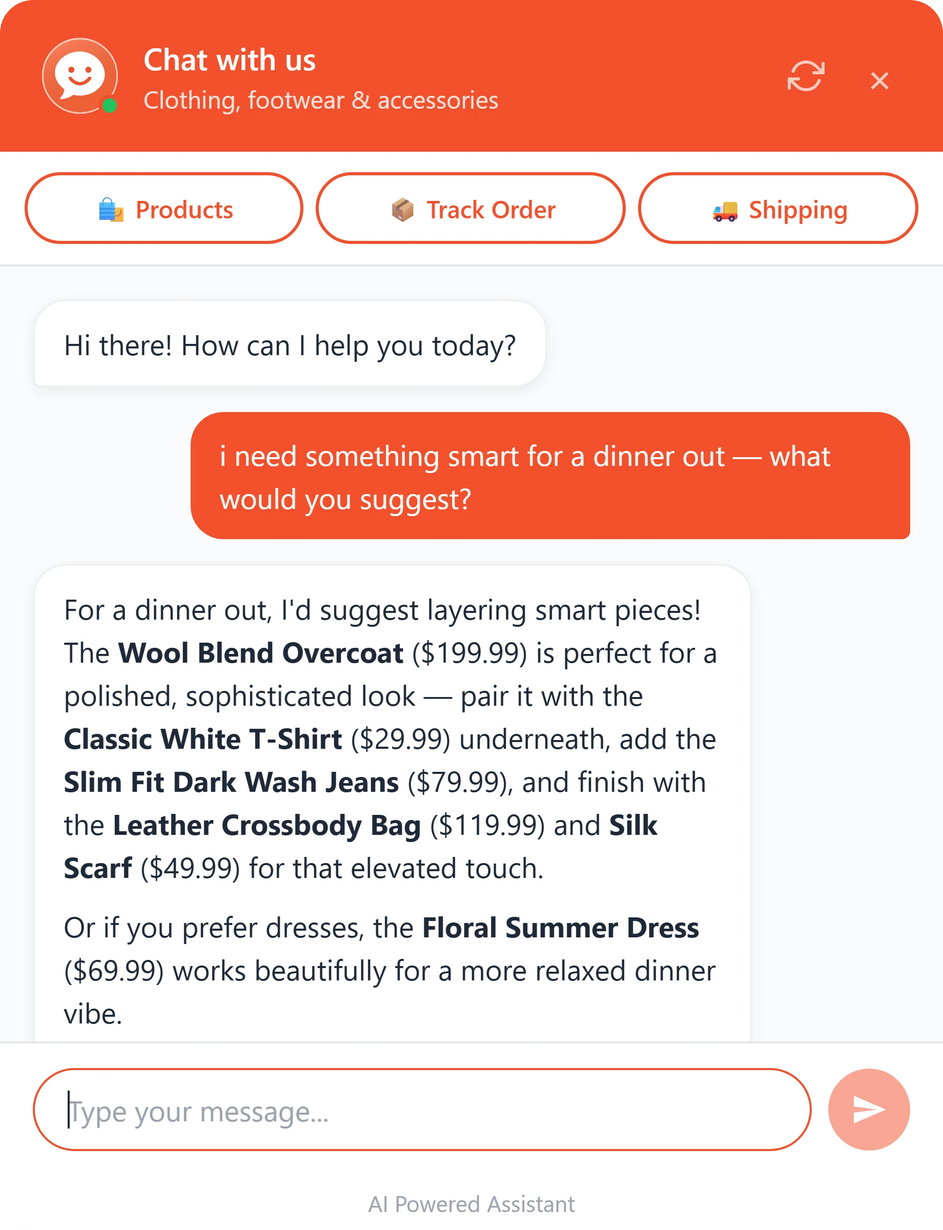 Close-up of the chat panel: a customer asks for something smart for a dinner out; the assistant suggests a specific overcoat, jeans, t-shirt, bag and scarf by name and price.