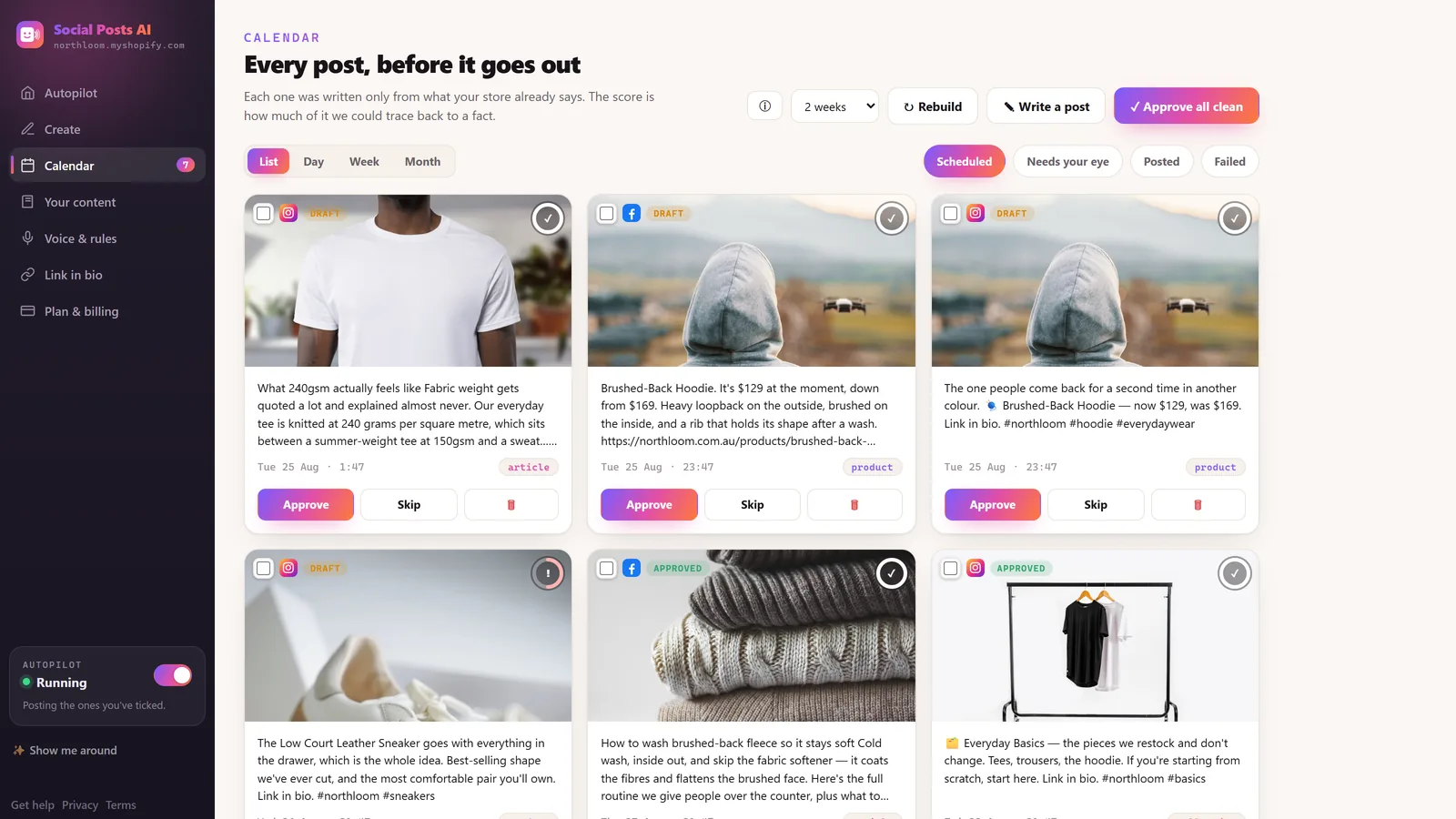 A list of drafted social posts, each with a product photo, its caption, the date and channel it is scheduled for, and Approve and Skip buttons.
