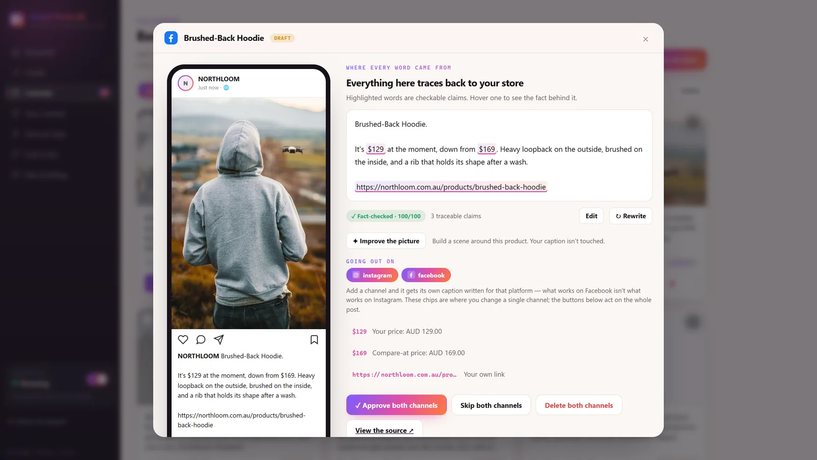 A draft post open, showing the caption with prices highlighted and a panel underneath tracing each one back to the store's own price fields.