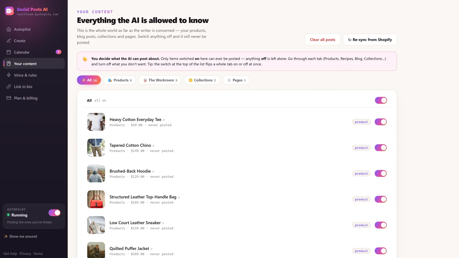The content library listing products alongside blog articles, collections and pages, each with a switch.