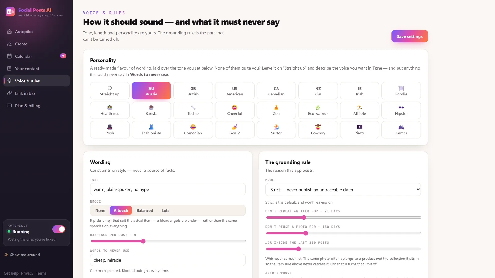 Brand voice settings — tone, personality, emoji level, banned words — beside the grounding rule set to strict.